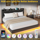 Garvee King Size Floating Bed Frame with RGB LED Lights and Charging Station, Upholstered Platform Bed with Storage Headboard and Button Tufted Design, No Box Spring Needed, Black Garvee