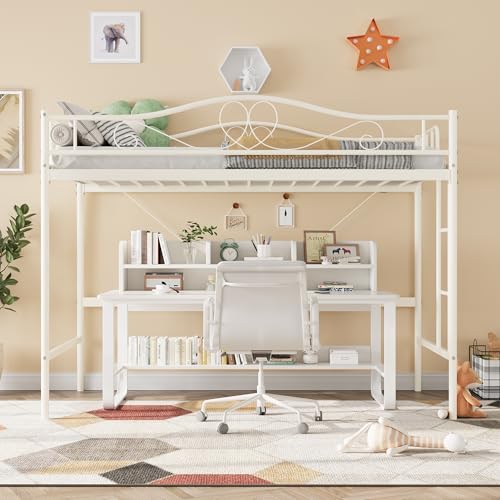 IDEALHOUSE Loft Bed Twin Size with Ladder & Full Safety Guardrail, Heavy Duty Metal Twin Loft Bed 400 Lbs Load Capacity, Space-Saving, Noise Free, No Box Spring Needed, Easy Assembly, Cream White IDEALHOUSE