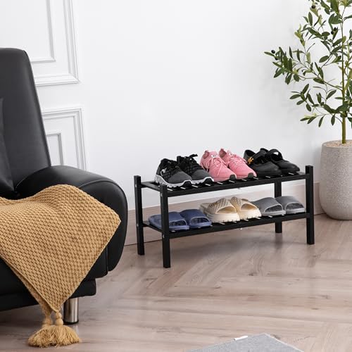 VICTORY RELAX 2 Tier Acacia Wood Shoe Rack, Shoe Storage Shelf, Stackable Organizer for Closet, Entryway Shoe Stand, Hallway, Garage, Wooden Shoe Storage Rack, Indoor, Outdoor (Black) VICTORY RELAX