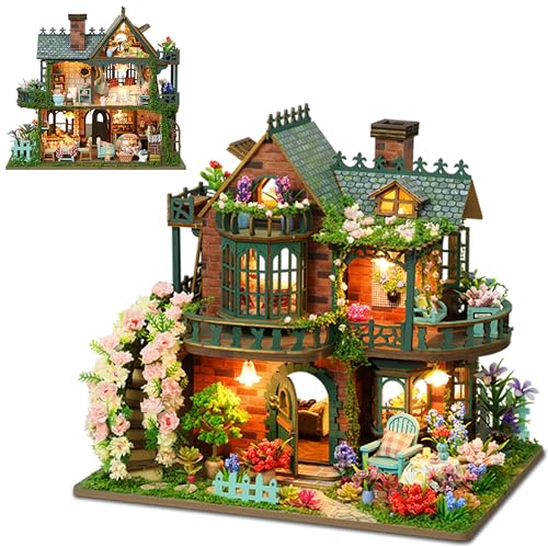 ISSEVE DIY Miniature House Kit, Tiny House Dollhouse Kit for Adults, Mini House Building Kits, Miniature Kit Adult Craft Diorama Kit Home Bookshelf Decoration, Gifts for Birthday (Fairy Garden House)