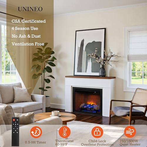 Unineo Electric Fireplace Insert w/Top Light, 12×12×12 Flame Color Option with Fire Crackling Sound, 36″W×27″H, 750W/1500W Eco Heater, Remote & Button Control, Black Unineo