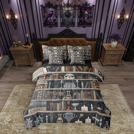 Feelyou Magic Bookshelf Comforter Set 7 Pieces King Size Vintage Library Bedding Set for Boys Girls Book Skull Bed in a Bag with Comforter, Sheets, Pillowcases & Cushion Covers Feelyou