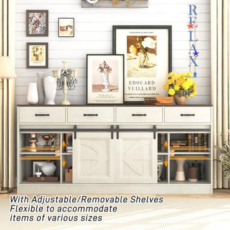 chartustriable 70” Large Long Buffet Sideboard Cabinet w/4 Drawer,Farmhouse Buffet Storage Cabinet,Sliding Door,Buffet, Credenza for Living Room,White chartustriable