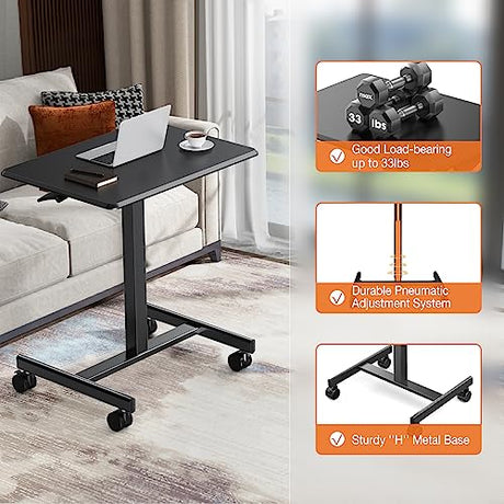 Sweetcrispy Small Mobile Rolling Standing Desk - Overbed Table, Mobile Portable Rolling Laptop PC Table with Locking Wheels, Adjustable Height Computer Workstation for Home Office, 19 Inch, Black Sweetcrispy