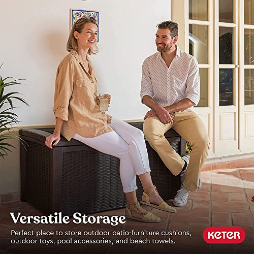 Keter Borneo 110 Gallon Resin Backyard Deck Box, Lockable Patio Storage Bench and Outdoor Poolside Accessory Organizer, Brown Keter