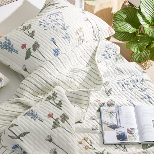 Bedsure Floral Quilt Queen Size - Reversible White Floral Comforter, Spring Lightweight Bedspread Quilt Bedding, Soft Microfiber Coverlet for All Seasons (90"x96") Bedsure