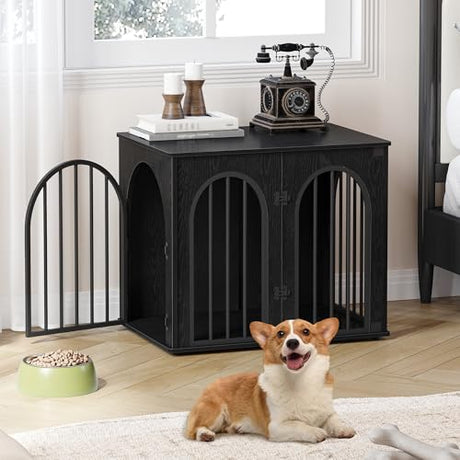 Hzuaneri 26.8'' Wooden Dog Crate Furniture, Indoor Dog Kennel Dogs Cage for Small Dogs, Heavy Duty Dog Crates Decorative Pet House End Side Table TV Stand, Black DFC85504B Hzuaneri