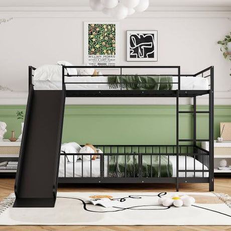 Harper & Bright Designs Full Over Full Metal Bunk Bed with Slide, Heavy Duty Bunk Bed with Small Door, Fence and Ladder for Girls Boys, Black Harper & Bright Designs