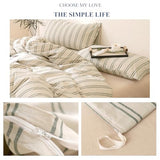 VM VOUGEMARKET Full Duvet Cover Set Beige Gray Striped Bedding Set Soft Washed Cotton 3 Pieces Dark Green Vertical Ticking Stripes Comforter Cover with Zipper Closure-80x90 Inch VM VOUGEMARKET