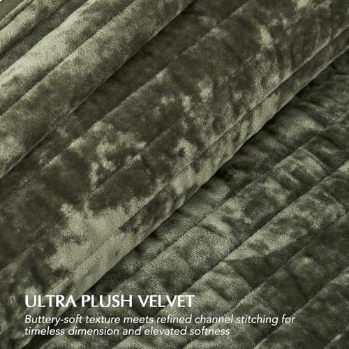 EVERGRACE Velvet Quilt Set King Size, Luxurious Soft Striped Channel Bedding Set, Lightweight Velvet Comforter for All Season, Oversized Bedspread Coverlet with 2 Matching Shams, Olive Green EVERGRACE