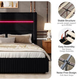 Jocisland King Size Corduroy Upholstered Bed Frame with 4 Storage Drawers & 51.2" Tall Wingback Headboard, LED Bed with Charging Station, No Box Spring Needed, Dark Jocisland