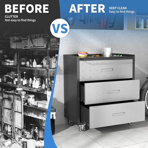 BIZOEIRON Metal Storage Cabinet with Wheels, Rolling Tool Cabinet, Garage Storage Cabinet with 3 Drawer for Tools, Assembly Required (Black/Grey) BIZOEIRON