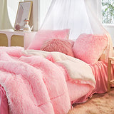 Flysheep Luxury Faux Fur Shaggy Comforter Set Twin Size, Plush & Sherpa Reversible Comforter Pink, 3 Pieces Fluffy Fuzzy Bedding Set Ultra Soft and Warm for Kids (1 Comforter + 2 Pillowcases) Flysheep