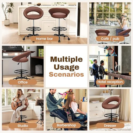 BESTFAIR Drafting Chair with Back, Height Adjustable Rolling Stool with Foot Rest, Tall 360° Swivel Stool PU Leather Chair with Wheels for Home Office, Standing Desk, Brown BESTFAIR