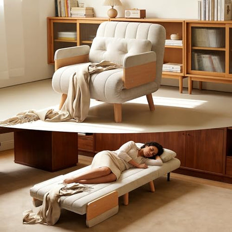 FLOCQISEM Convertible Chair Bed, Futon Sofa Bed Sleeper Chair with Solid Wood Leg and Storage Pocket, Linen Fabric Sofa Couch Guest Bed for Living Room, Bedroom, Office, Apartment (27.56) FLOCQISEM