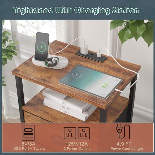 sthmec Nightstand with Charging Station,LED Night Stand with 5 Fabric Drawers, Bedside End Tables, 2-Tier Open Storage Shelf Side Table Nightstands with Drawers for Bedroom,Rustic Brown sthmec