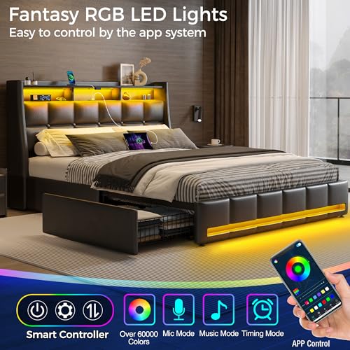 Rolanstar Full Size Bed Frame with LED Lights and Charging Station, PU Leather Bed Storage Headboard & Drawers, Heavy Duty Wood Slats, Easy Assembly, Black Rolanstar