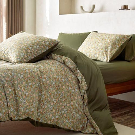 Wake In Cloud - Floral Comforter Set, Cute Vintage Flower Cottagecore Aesthetic for Women Teen Girls, Soft Lightweight Dorm Bedding, 3 Pieces, Olive Green, Twin/Twin XL Size Wake In Cloud