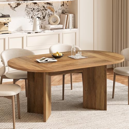 LITTLE TREE 63" Rustic Oval Dining Table for 2-4, Sturdy MDF Farmhouse Kitchen Table with Metal Strip Base, for Living Room, Office, Restaurant, Multi-Use, Umber LITTLE TREE