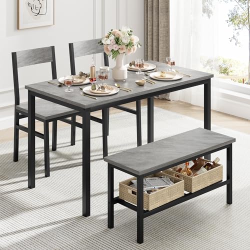 GAOMON Dining Table Set for 4, Modern Kitchen Table with 2 Chairs and Bench for Small Space, 4-Person Dining Room Table Set with Metal Frame and Storage Rack, Dinette Set for Apartment, Gray GAOMON