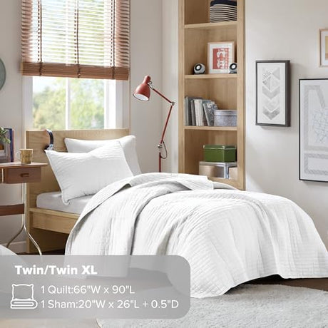 Comfort Spaces Kienna Quilt Set- Double Sided Stitching Design Summer Blanket, Lightweight, Soft, All Season Bedding Layer, Matching Sham, White, Coverlet Twin/Twin XL(66"x90") 2 Piece Comfort Spaces
