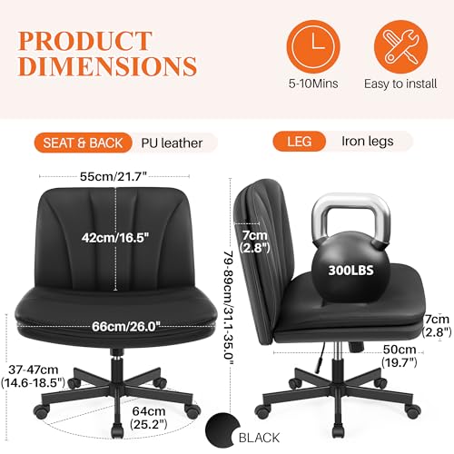 HeroSet Criss Cross Chair with Wheels,Comfy Wide Vanity Chair,Scratch-Resistant Leather Cross Legged Desk Chair,Height Adjustable Computer Office Desk Chairs HeroSet