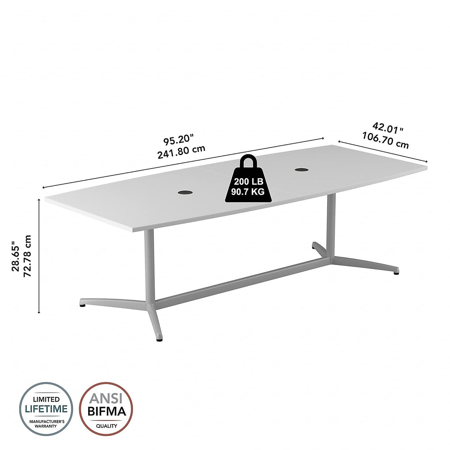 Bush Business Furniture Conference Table for 6-8 People with Sturdy Metal Base in White | Boat Shaped 8 Foot Meeting Desk for Office Boardrooms | 96Wx42D