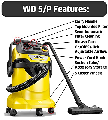Kärcher - WD 5/P Multi-Purpose Wet-Dry Vacuum Cleaner - 6.6 Gallon - With Attachments – Blower Feature, Semi-Automatic Filter Cleaning, Space-Saving Karcher