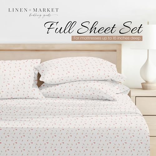 Linen Market Double-Brushed Patterned Microfiber Full Sheet Set 4 Piece – Oeko-TEX Certified Ultra Soft & Wrinkle-Free - 16" Deep Pocket Sheets - Easy Care Full Size - Soft Floral Pink Linen Market
