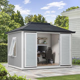 Sunjoy Office Shed for Outdoor, Tiny House 10'x12.6' She Shed, Backyard Office, Multipurpose Outdoor Room, Home Gym with Floor, 2 Windows and Lockable Doors