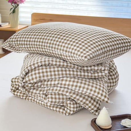 NSNLGSGC Twin Comforter Set, Tan Gingham Bedding Sets, Brown Grid Bed Comforter 2 Pieces (1 Comforter, 1 Pillowcase) NSNLGSGC