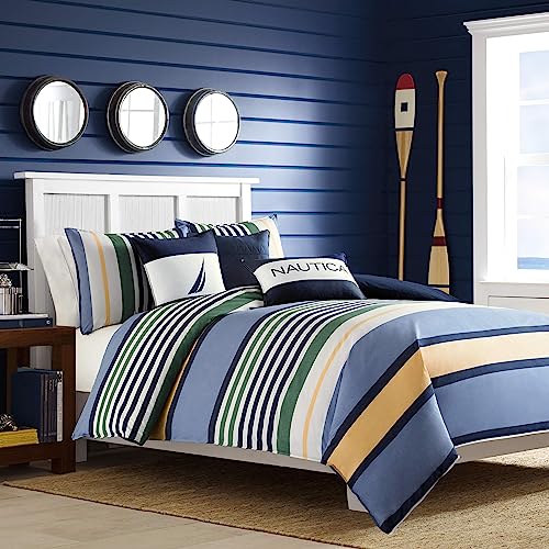 Nautica - Twin Comforter Set, Reversible Cotton Bedding with Matching Sham, Medium Weight for Year Round Use, Dorm Essentials, Oeko-Tex Certified (Dover Blue) Nautica
