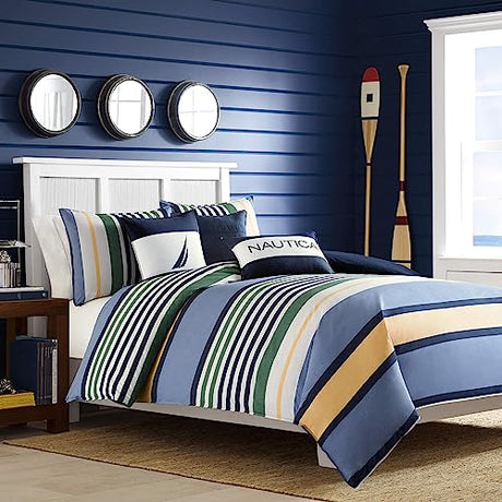 Nautica - Twin Comforter Set, Reversible Cotton Bedding with Matching Sham, Medium Weight for Year Round Use, Dorm Essentials, Oeko-Tex Certified (Dover Blue) Nautica
