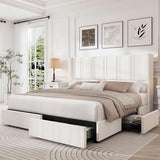 LARMACE Queen Size Bed Frame with 4 Storage Drawers and Wingback Headboard Linen Upholstered Platform Bed Frame with Wooden Slats, Easy Assembly, White LARMACE