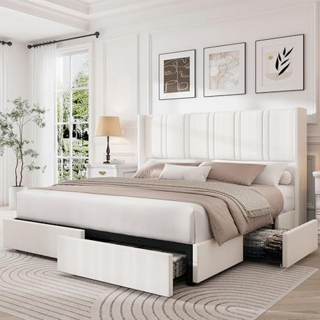 LARMACE Queen Size Bed Frame with 4 Storage Drawers and Wingback Headboard Linen Upholstered Platform Bed Frame with Wooden Slats, Easy Assembly, White LARMACE