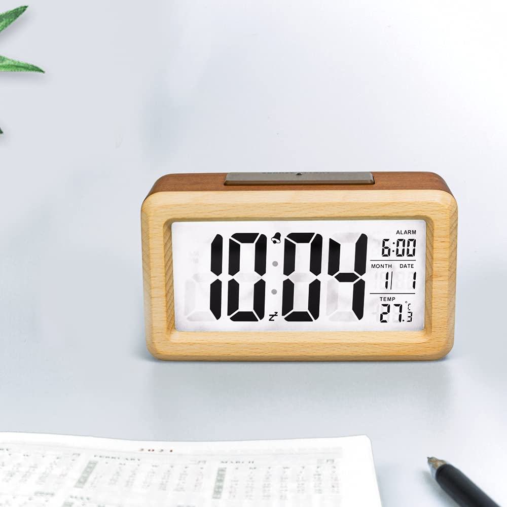 everwood Wooden Digital Alarm Clocks for Bedrooms Battery Operated, Wooden LCD Digital Clock with Smart Sensor Night Light, Temperature Detect, Snooze Function everwood