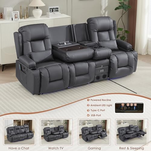 TUNYI Wall Hugger Loveseat Recliner Sofa with Console, Power Reclining Loveseat RV Couch with Massage & Heat/USB/Outlet/Storage/LED Light/Speaker (Light Grey, 3 Seat with Console)
