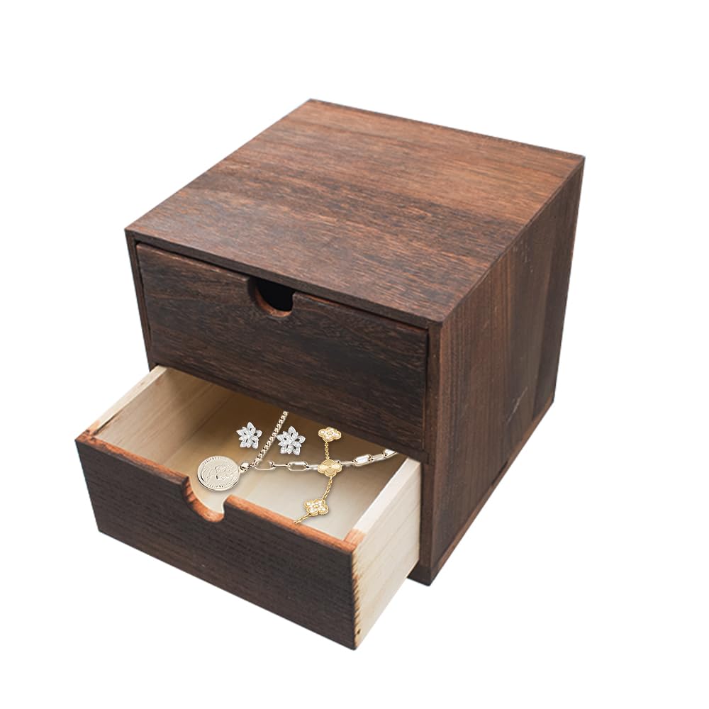 2-Drawer Desk Organizer Rustic Wooden Drawer Organizer for Storing Small Items Wood Countertop Drawer Organizers Storage Drawers for Desk Heavy Carbonization Farmhouse Storage Box (7 x 7in) KeaJuidy