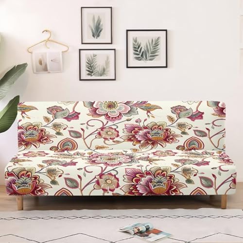 Xorudoydet Bohemian Floral Print Stretch Sofa Slipcover Armless Futon Cover Fitted Furniture Protector Polyester Spandex Washable Armless Sofa Cover Folding Couch Covers Xorudoydet