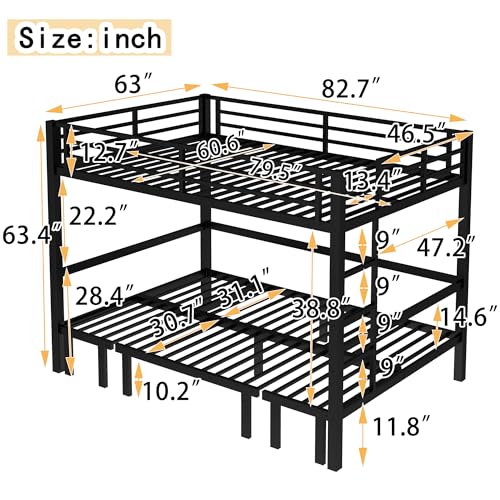Loft Bed Queen Over Queen Size Pull-Out Metal Bunk Bed for Adults & Teen with U-shaped Sofa, Heavy Duty Bunk Bed Frame lower Bunk Can be Pulled Out in Three Sections, Safety Guard & Ladder (Queen) Astrivia