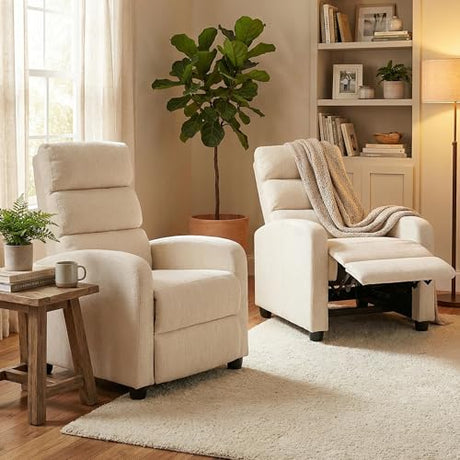 Furnimart Small Manual Recliner Chair for Small Spaces, Overstuffed Chenille Reclining Chair with Chunky Cushion, Comfortable Single Sofa Recliner for Adults, Living Room, Bedroom, Home Theater, Beige Furnimart