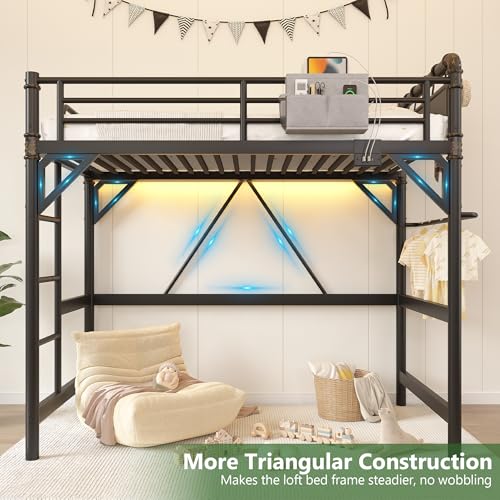 Twin Size Loft Bed with LED Lights and Charging Station, Industrial Heavy Duty Metal Loft Bed Frame with Ladder and Guardrail for Kids Adults, Small Space Saving Design for Bedroom Dorm, Black Jocoevol