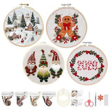Christmas Embroidery Kit for Adults & Beginners, Gnomes & Christmas Tree Hand Embroidery Ornaments kit with Pattern, Cotton, Needles & Instruction, Christmas DIY Cross Stitch Kits Gifts (4pcs-A)