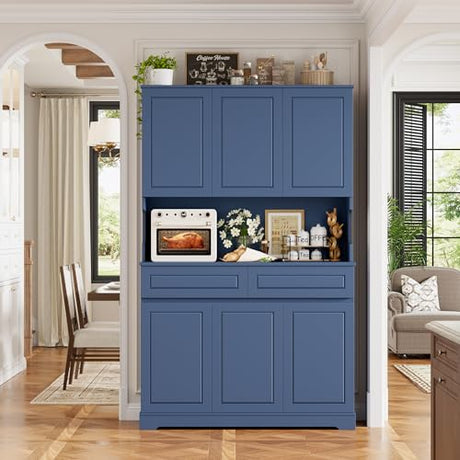 FACBOTALL 74" Pantry Cabinet, Tall Kitchen Pantry Cabinet with 6 Doors and 2 Drawers, Kitchen Hutch with Wide Countertop, Modern Kitchens Cupboard with Adjustable Shelves and Charge Holes, Blue FACBOTALL