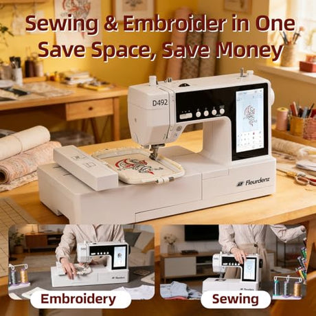 FLEURDENZ D492 Embroidery Machine with 4.5" x 7" Area for Beginners, Home DIY, Sewing & Embroidery Machine with Hoops, 180 Built-in Designs with USB Import, 7-Inch Touchscreen, Auto Threader & Cutter FLEURDENZ