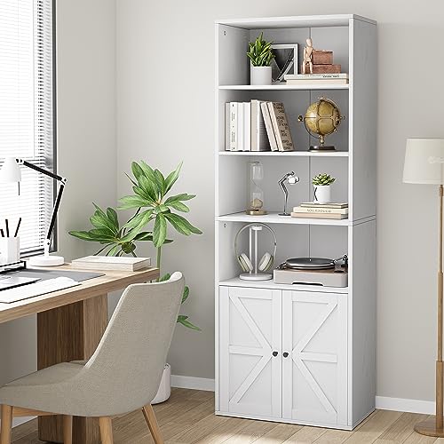 White Industrial Bookcase with Doors - 71.4in Tall Farmhouse Wooden Bookshelves by IDEALHOUSE