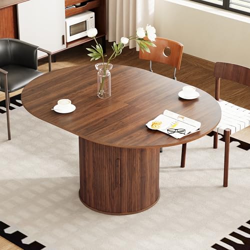 weselon 43"-59" Extendable Round to Oval Dining Table with Hidden Storage, Modern Wooden Kitchen Table with Fluted Sliding Door Cabinet, Expandable Dinner Table for Dining Room Living Room (Walnut) weselon