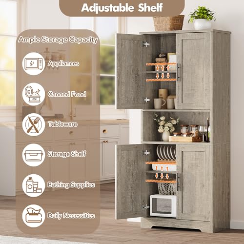 GarveeHome Tall Storage Cabinet, 70 in Kitchen Pantry Cabinet with Doors and Adjustable Shelves, Rustic Wooden Cupboard for Dining Room, Living Room,Gray GarveeHome