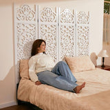 5.75Ft Room Divider Wood Screen, 33Lbs Durable MDF Carved Rustic Style Headboard, Reversible Freestanding Folding Partition Paravent for Home, 69 * 71 inch(H*W) - 4 Panels (Rustic White) Svimi