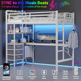 Jocoevol Twin Size Loft Bed with L-Shaped Desk, LED Lights,Charging Station, Industrial Heavy Duty Metal Loft Bed Frame with 3 Storage Shelves and 3 Fabric Drawers, Safety Guard & Ladder, White Jocoevol
